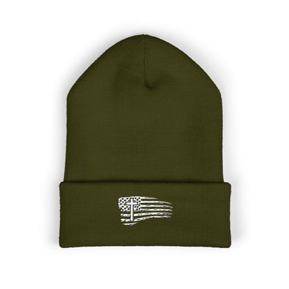 Distressed Flag & Cross Embroidered Beanie