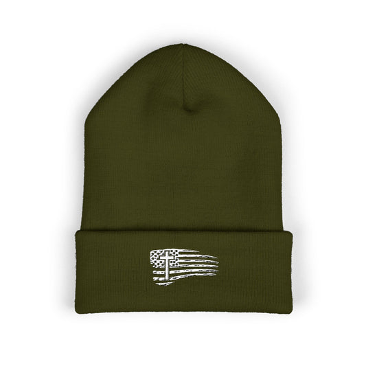 Distressed Flag & Cross Embroidered Beanie