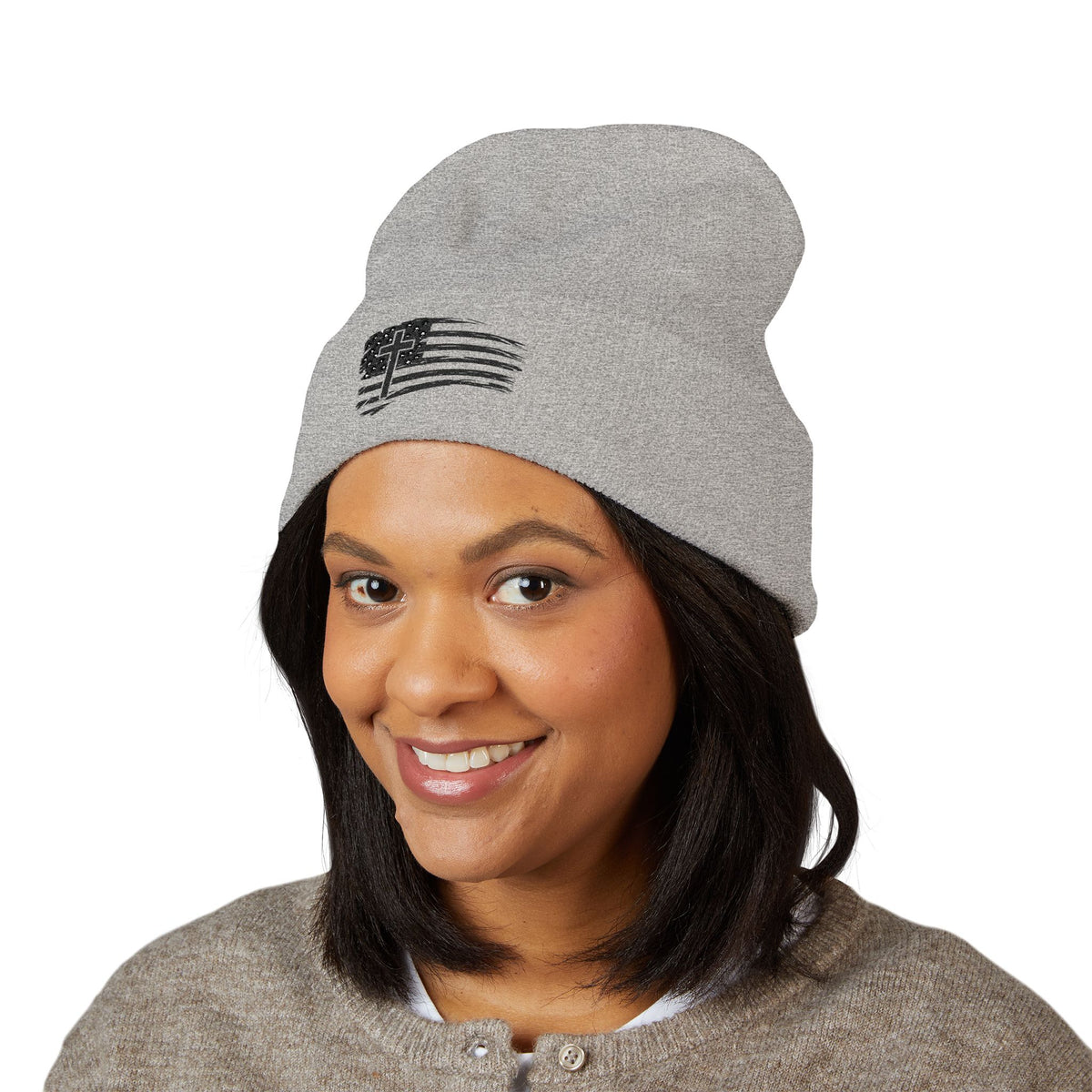 Embroidered Cross & Stripes Beanie