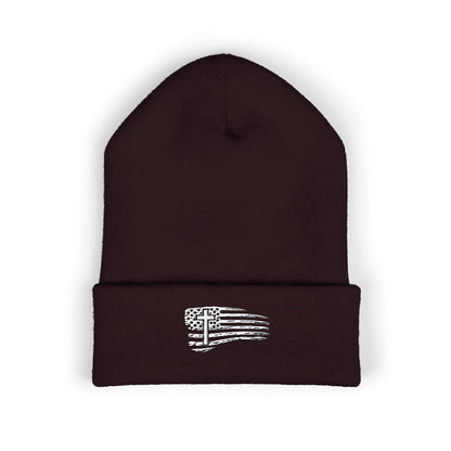 Distressed Flag & Cross Embroidered Beanie