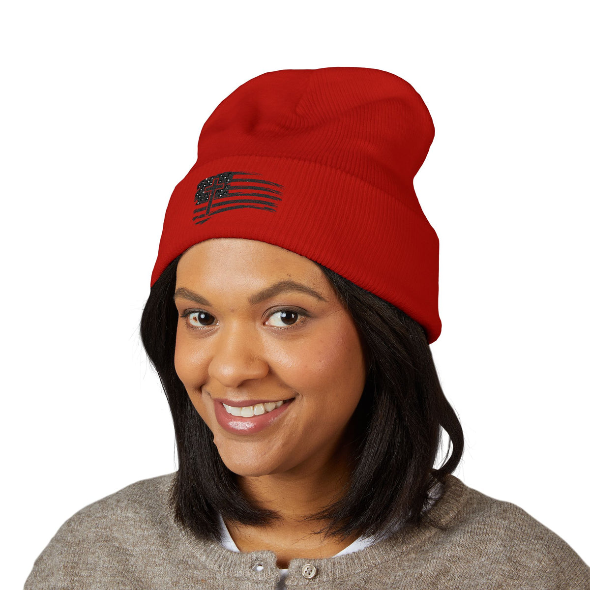 Embroidered Cross & Stripes Beanie
