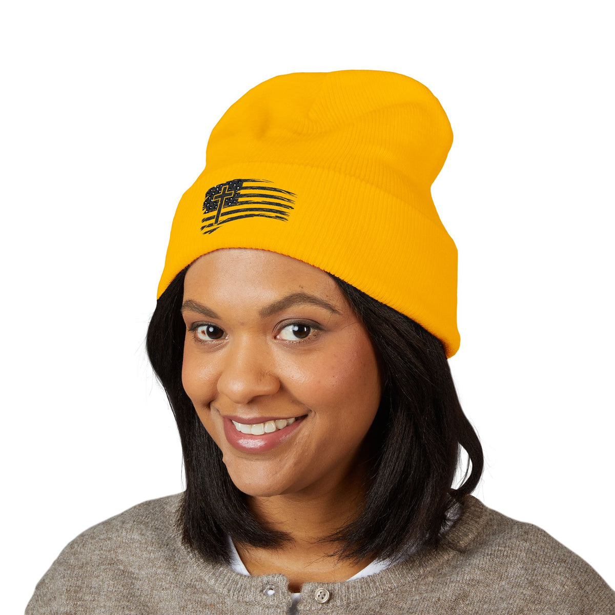 Embroidered Cross & Stripes Beanie