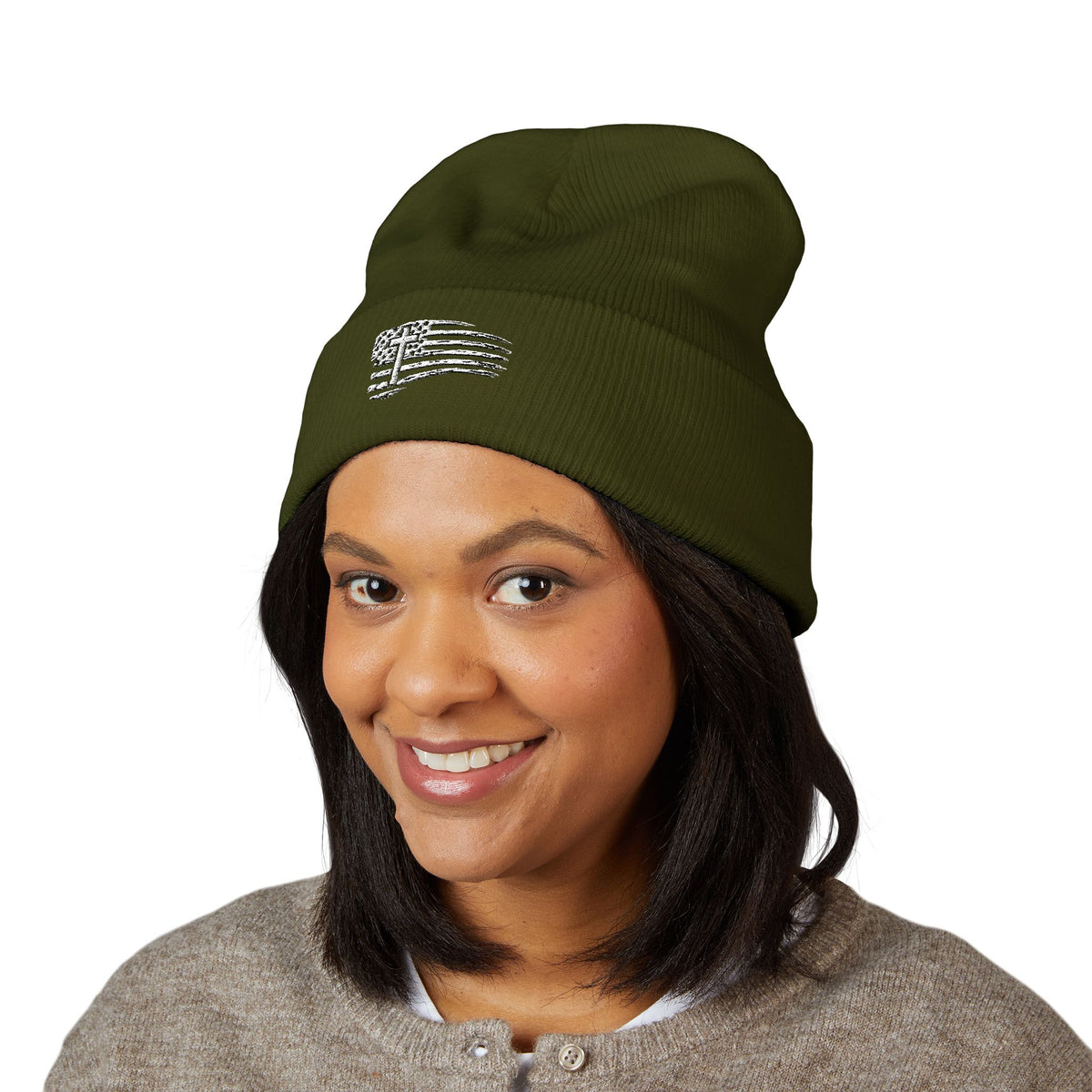 Distressed Flag & Cross Embroidered Beanie