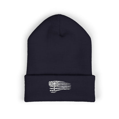 Distressed Flag & Cross Embroidered Beanie