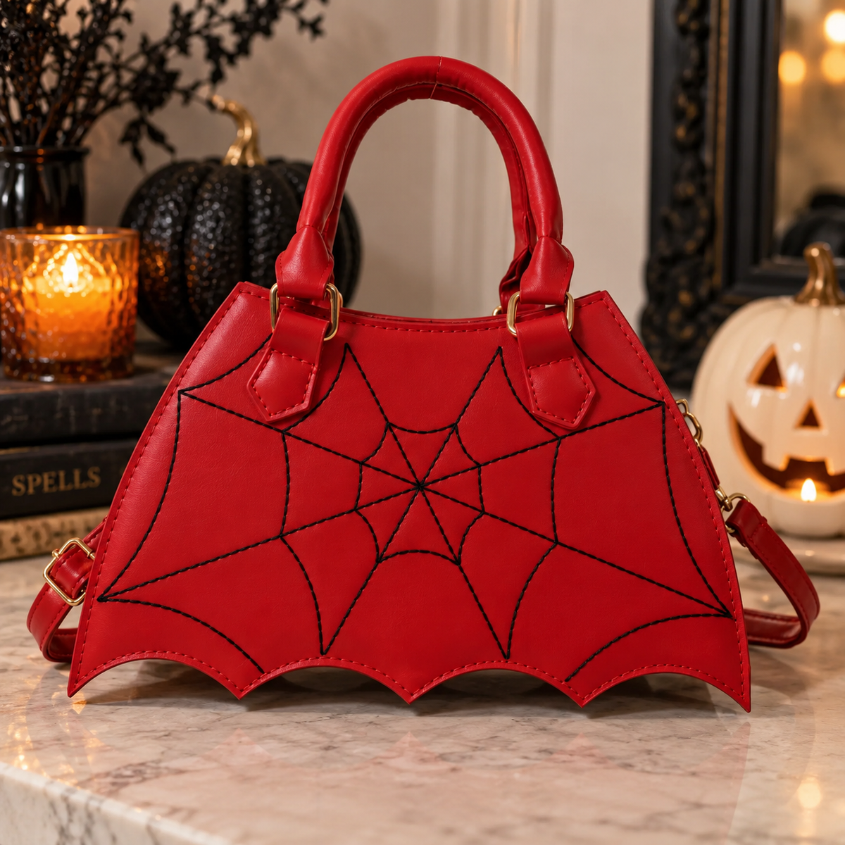 Red spiderweb Halloween handbag with gold hardware