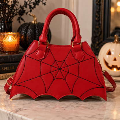 Red spiderweb Halloween handbag with gold hardware